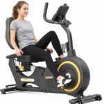 Woman riding the VANSWE RB405 recumbent bike, full side profile view
