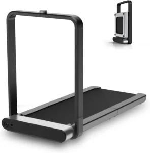 WalkingPad X21 vertical-fold treadmill, three-quarter view with the handrail up and a folded unit inset