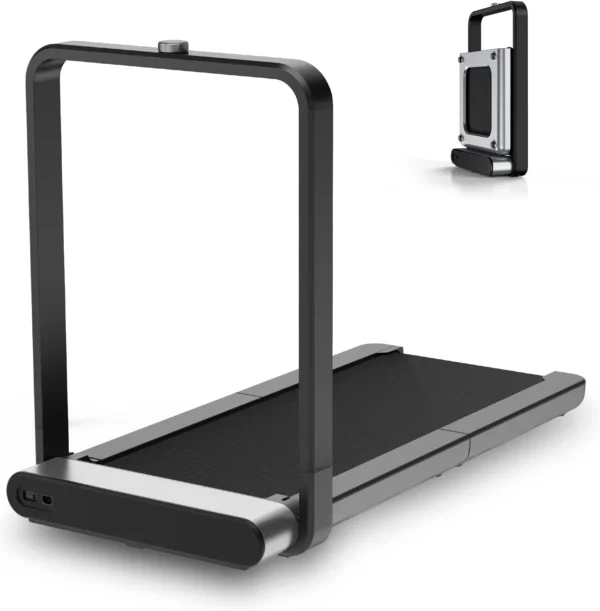 WalkingPad X21 vertical-fold treadmill, three-quarter view with the handrail up and a folded unit inset