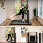 WalkingPad X21 in use running, and folded down in two steps to stand against a wall