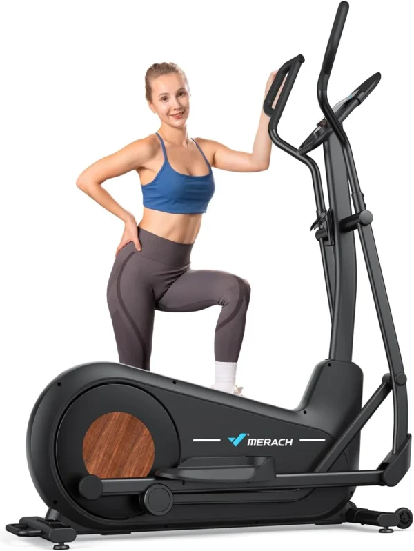 Merach hyper-quiet elliptical, three-quarter studio shot with a woman using it