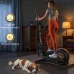 Woman using the Niceday elliptical from a rear three-quarter angle in a dim room