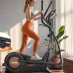 Woman using the Niceday elliptical, side profile showing the 18-inch stride extension