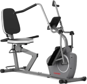 VANSWE recumbent elliptical cross trainer, three quarter studio shot showing full frame, seat, and arm exerciser handles