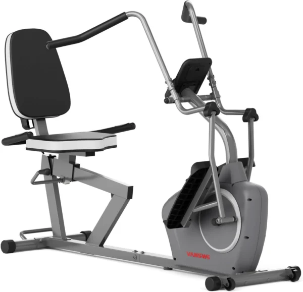 VANSWE recumbent elliptical cross trainer, three quarter studio shot showing full frame, seat, and arm exerciser handles