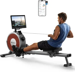 Merach Q1S magnetic rower with wood-tone flywheel, studio hero shot with man rowing facing a TV