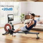 Man rowing the Merach Q1S quietly in a living room with a cat sleeping on the couch