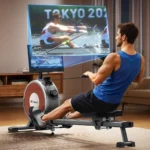 Man rowing the Merach Q1S with its 15.6 inch screen streaming a rowing broadcast