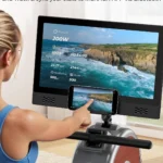 Woman using the Merach Q1S touchscreen showing live power, distance and calorie stats