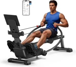 Merach RS3 Scull rowing machine, studio hero shot with man using dual scull handlebars