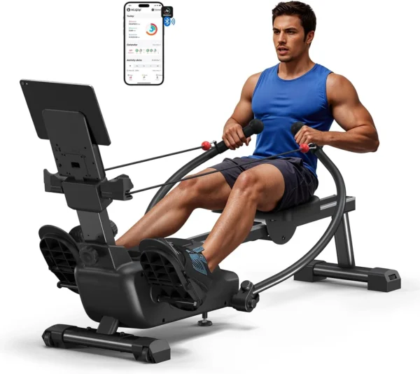 Merach RS3 Scull rowing machine, studio hero shot with man using dual scull handlebars