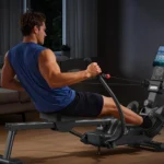 Man rowing the Merach RS3 Scull rower, rear view showing tablet mount and console
