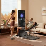 Family in a living room: man on the lowered bench doing a chest press, screen showing workout stats
