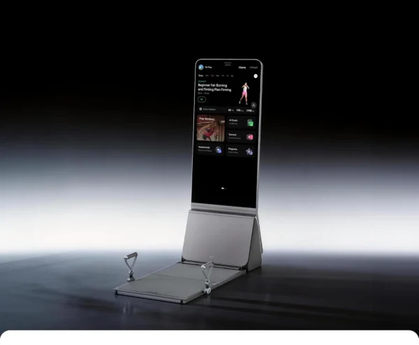 Three-quarter studio shot of the AEKE K1 mirror unfolded with bench lowered and screen lit