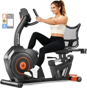 pooboo recumbent bike with arm exerciser, woman using the machine with arms extended on the exerciser handles