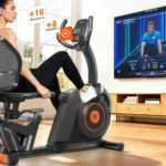 pooboo recumbent bike in use in a living room, woman pedaling while facing a wall-mounted TV showing a virtual cycling workout