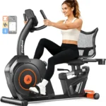 pooboo recumbent bike in use, woman pedaling in profile on a white studio background with hands on the moving arm exerciser handles