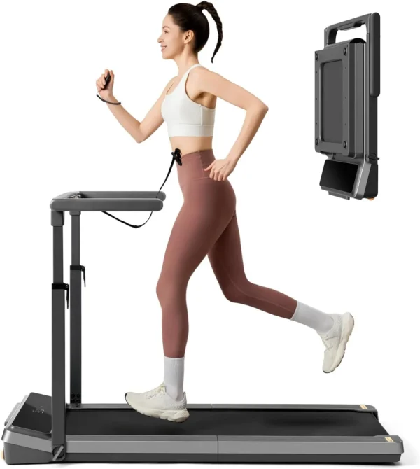 WalkingPad Z3 Hybrid+ with a person jogging, handrail folded up, folded unit inset