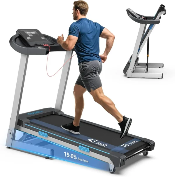 WELLFIT Heavy Duty 15 percent auto incline foldable treadmill, studio hero with folded inset and belt dimensions