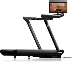 Peloton Tread, three-quarter studio view showing 24 inch swivel screen and single center support column