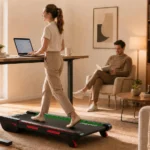 Woman using the Jogwell 15 percent auto incline walking pad at a standing desk while a man reads nearby