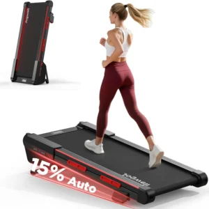 Jogwell 15 percent auto incline full-deck walking pad, studio hero with folded inset