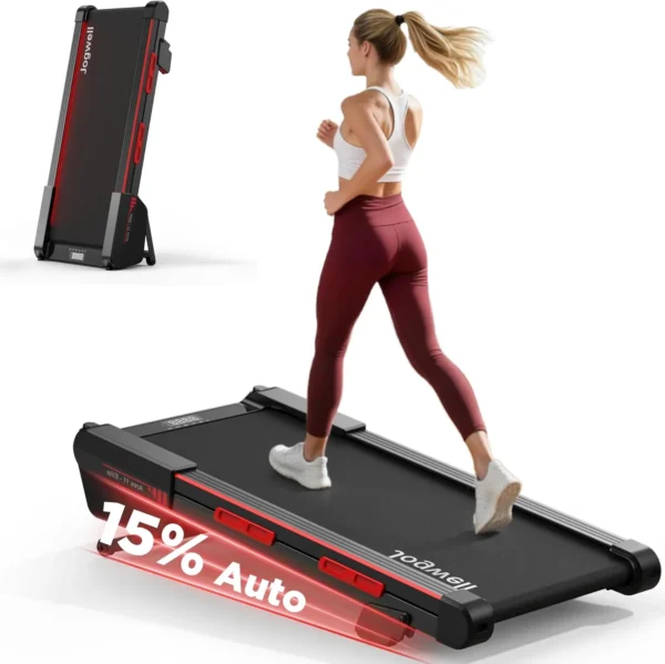 Jogwell 15 percent auto incline full-deck walking pad, studio hero with folded inset