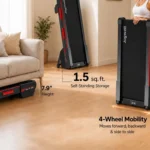 Jogwell 15 percent auto incline walking pad folded upright next to a second unit folded flat for storage