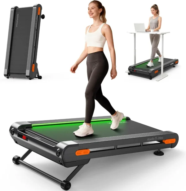 Vitalwalk Apollo 11-Max 20/12 auto incline full-deck walking pad, studio hero with folded and desk-mode insets