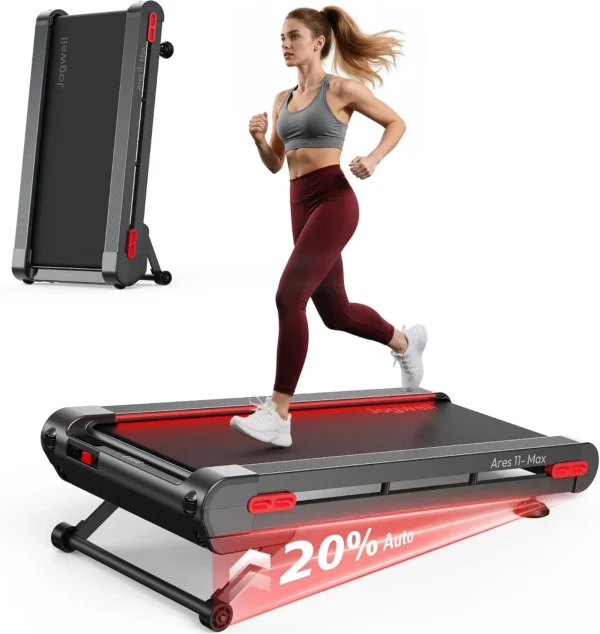 Jogwell 12/20 auto incline extra-wide walking pad, studio hero with folded inset