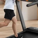 Renestar folding treadmill, upright post close-up showing the RENESTAR badge and fold hinge