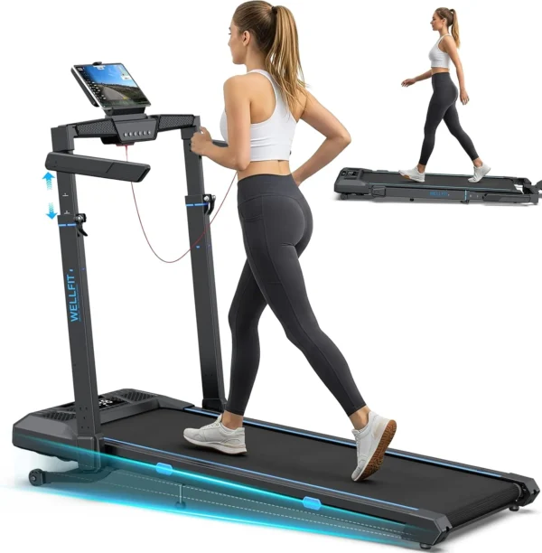 WELLFIT Foldable Auto Incline Treadmill 400+ lbs, studio hero with folded inset