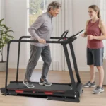 A companion coaching a walker from behind on the Redliro 400 lb senior walking treadmill