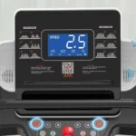 Console close-up on the Redliro 400 lb senior walking treadmill showing speed display and QR code