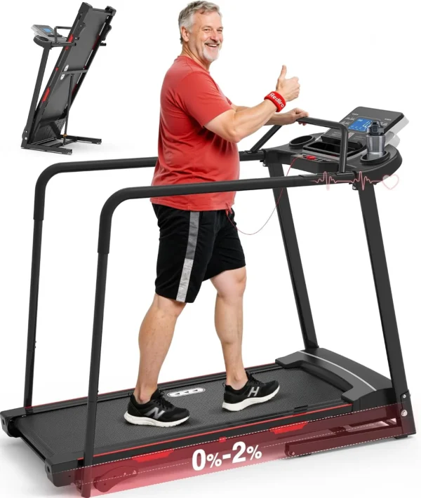 Redliro 400 lb capacity senior walking treadmill, three-quarter studio view with thumbs-up user and folded inset
