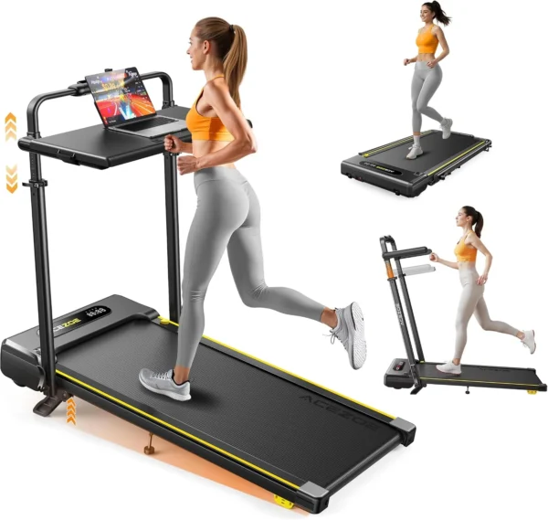 Acezoe 3-in-1 under-desk treadmill with removable desk, hero shot showing desk mode, folded and running insets