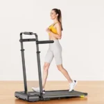 Side profile of a woman running on the Acezoe 3-in-1 under-desk treadmill with the desk removed