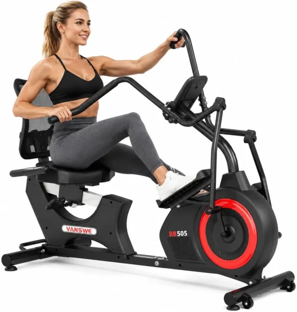 VANSWE RB505 recumbent elliptical cross trainer, three-quarter studio shot with a woman using it