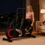Woman using the VANSWE RB505 recumbent elliptical in a dim living room in the evening