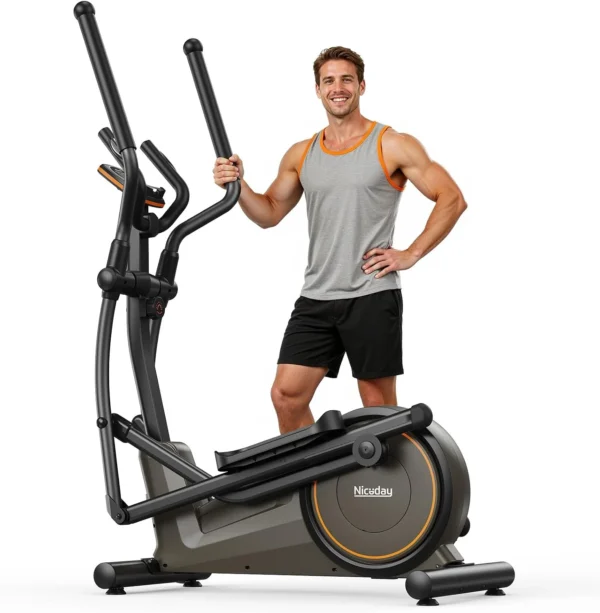 Niceday premium-trim 20-inch elliptical, three-quarter studio shot with a man using it