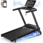 Woman running on MERACH T33 treadmill, front three-quarter angle
