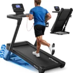 Man running on MERACH T33 treadmill, rear angle showing belt and incline