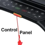 MERACH T33 treadmill control panel close-up with speed buttons and magnetic safety key