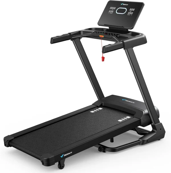 MERACH T33 auto incline treadmill, three-quarter studio view showing console, handrails, and folded safety key