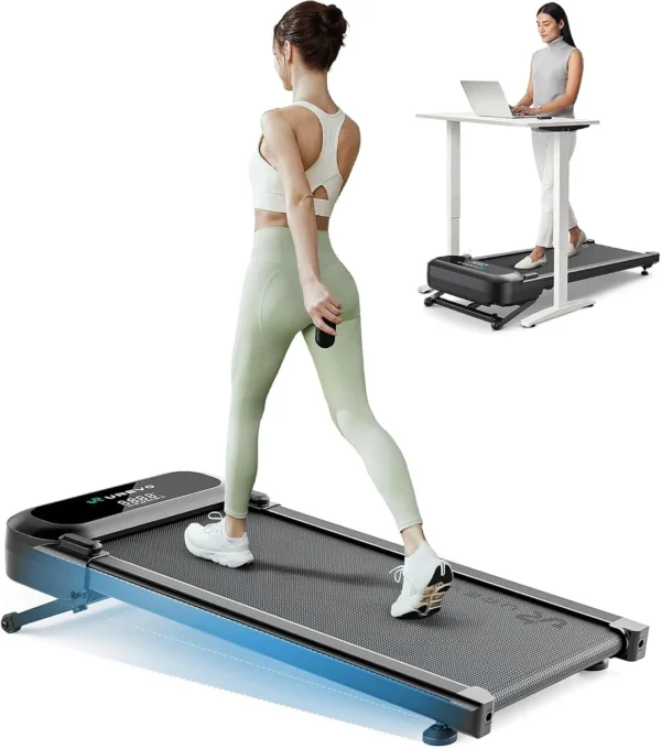 UREVO 12% auto incline walking pad with a person walking, under-desk use inset