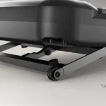 Close-up of the UREVO walking pad's rear legs and wheels showing the incline mechanism