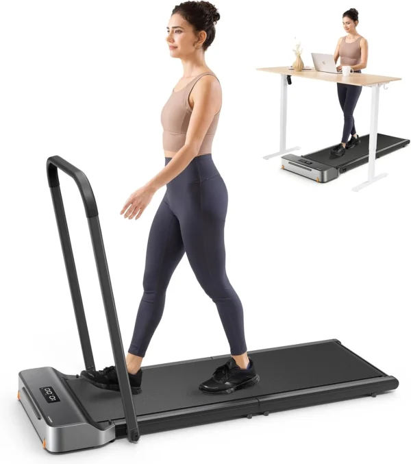 WalkingPad Z1R with the removable handle bar attached, person walking, under-desk use inset