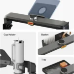 Close-up of the WalkingPad MX8 Plus tray accessories: device holder, cup holder, basket, and tray