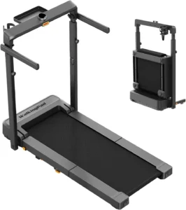 WalkingPad MX8 Plus with tall adjustable handles and accessory tray, folded unit inset