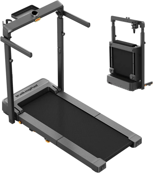 WalkingPad MX8 Plus with tall adjustable handles and accessory tray, folded unit inset